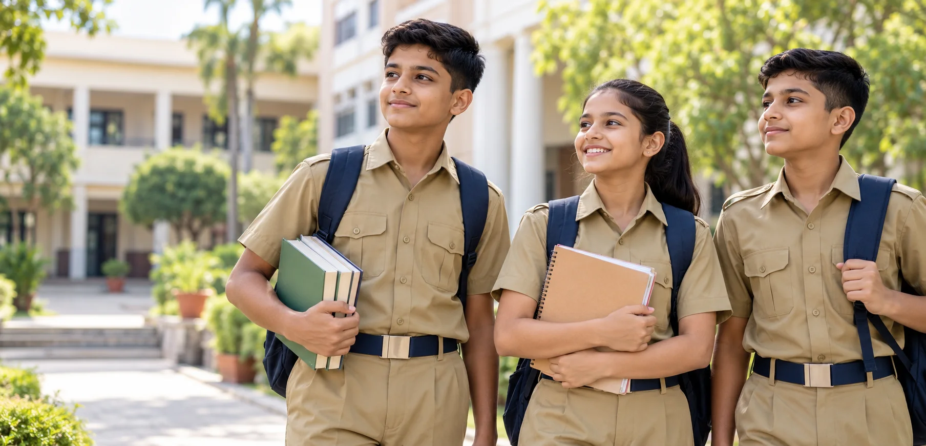 Illustrative image of Indian students in generic cadet-style school uniforms carrying study books